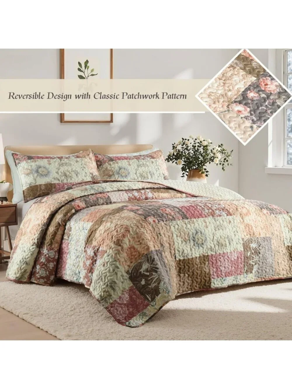 Boho Floral King Quilt Set - Reversible Lightweight Bedspread with 2 Pillow